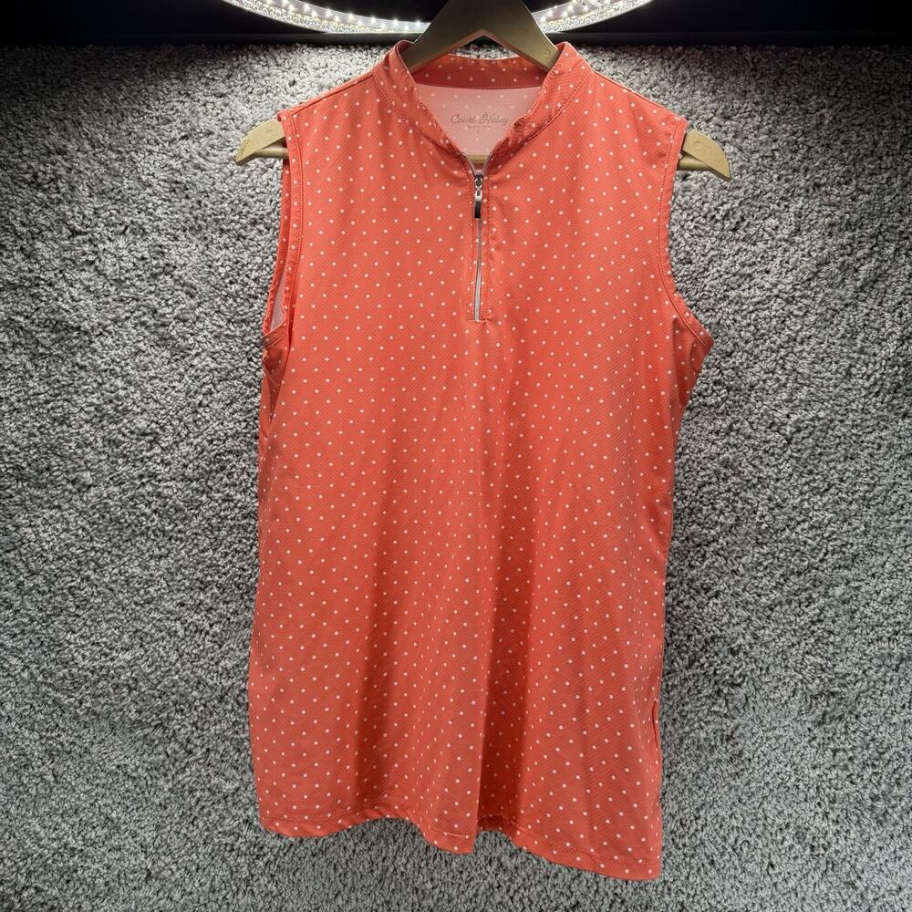 Court Haley Women’s Large Golf Polo Shirt Orange Polka Dot Sleeveless 1/4 Zip